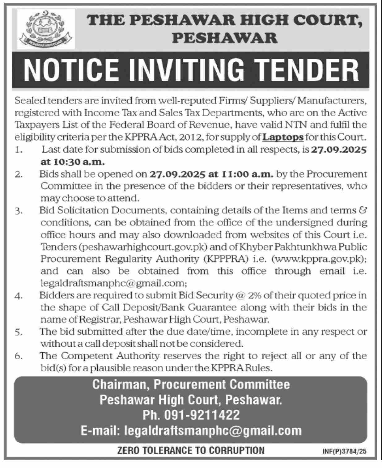 The Peshawar High Court Tender Notice